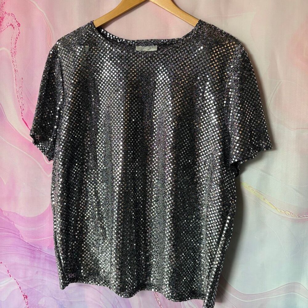 Kathie Lee Collection XL Vintage Silver Sequin Metallic Blouse Top Disco Glam